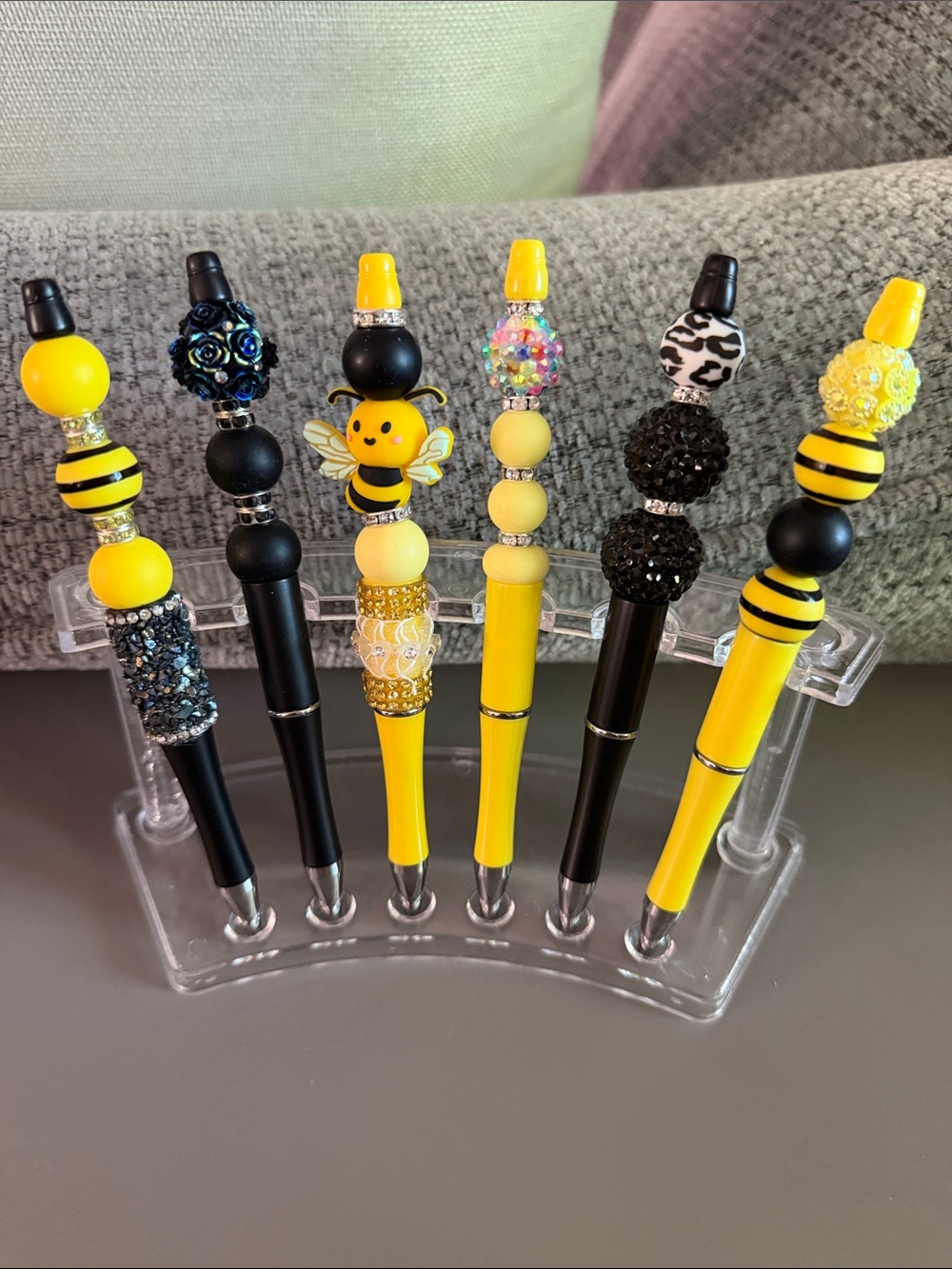 NWOT Handmade Yellow & Black Beaded Decorative Pens - Bee Theme Set of 6